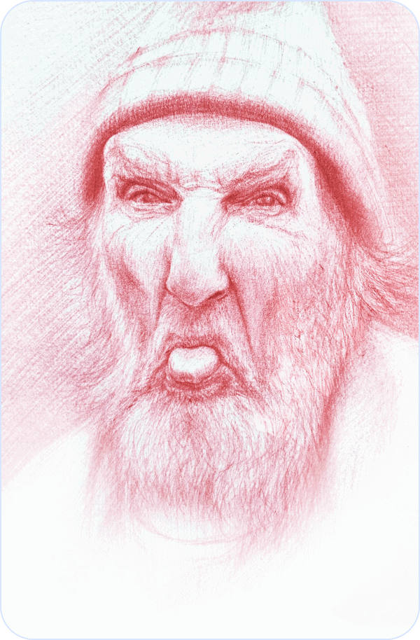 Portrait sketching of an old man with a full beard using a red ballpoint pen