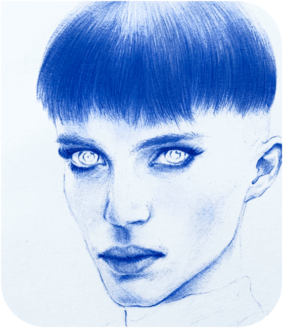 Portrait sketching of an young woman with a short hair using a blue ballpoint pen