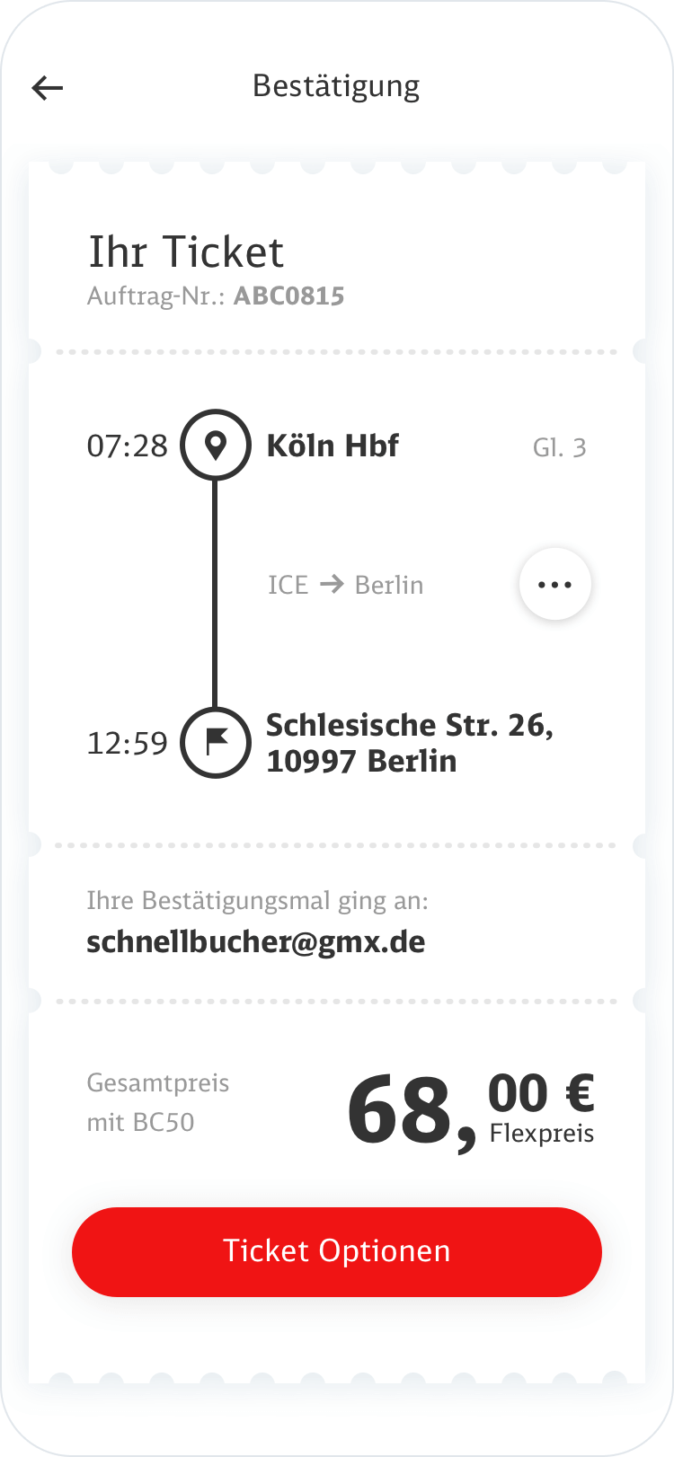Ticket page with detail information about the travel